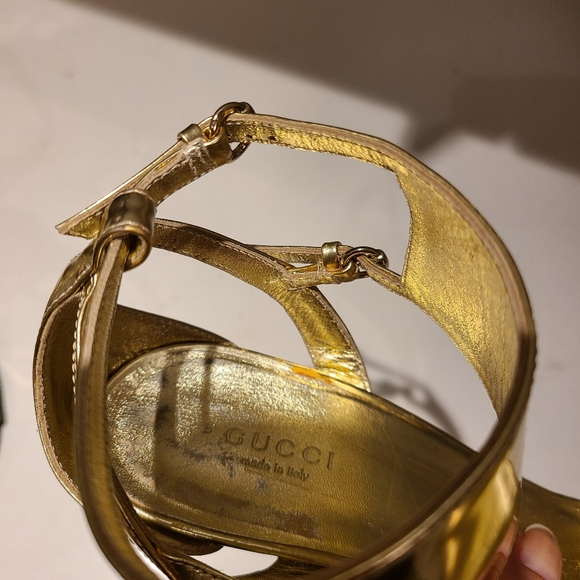 Gucci Metallic Gold Leather Sandals with Ankle Strap 10B - Picture 11 of 15